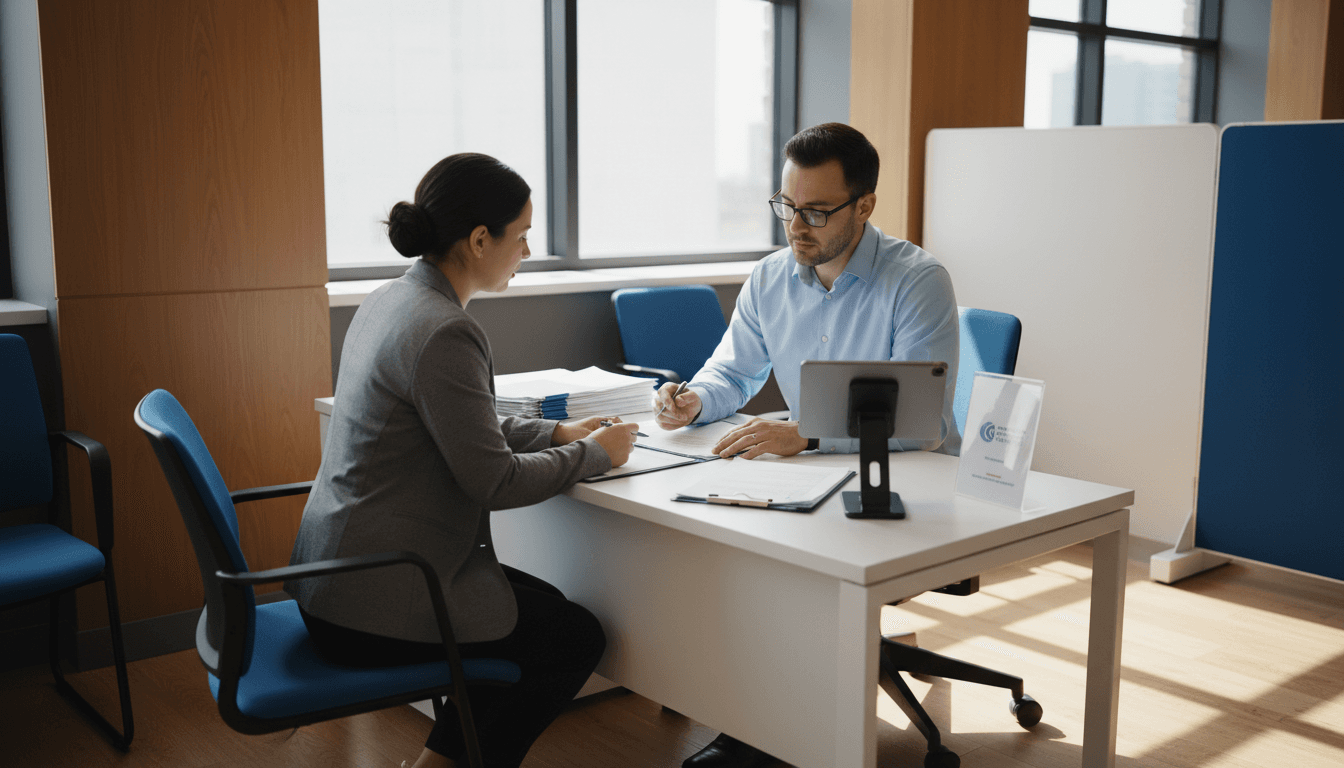 Professional compliance officer conducting a mobile screening consultation with a client