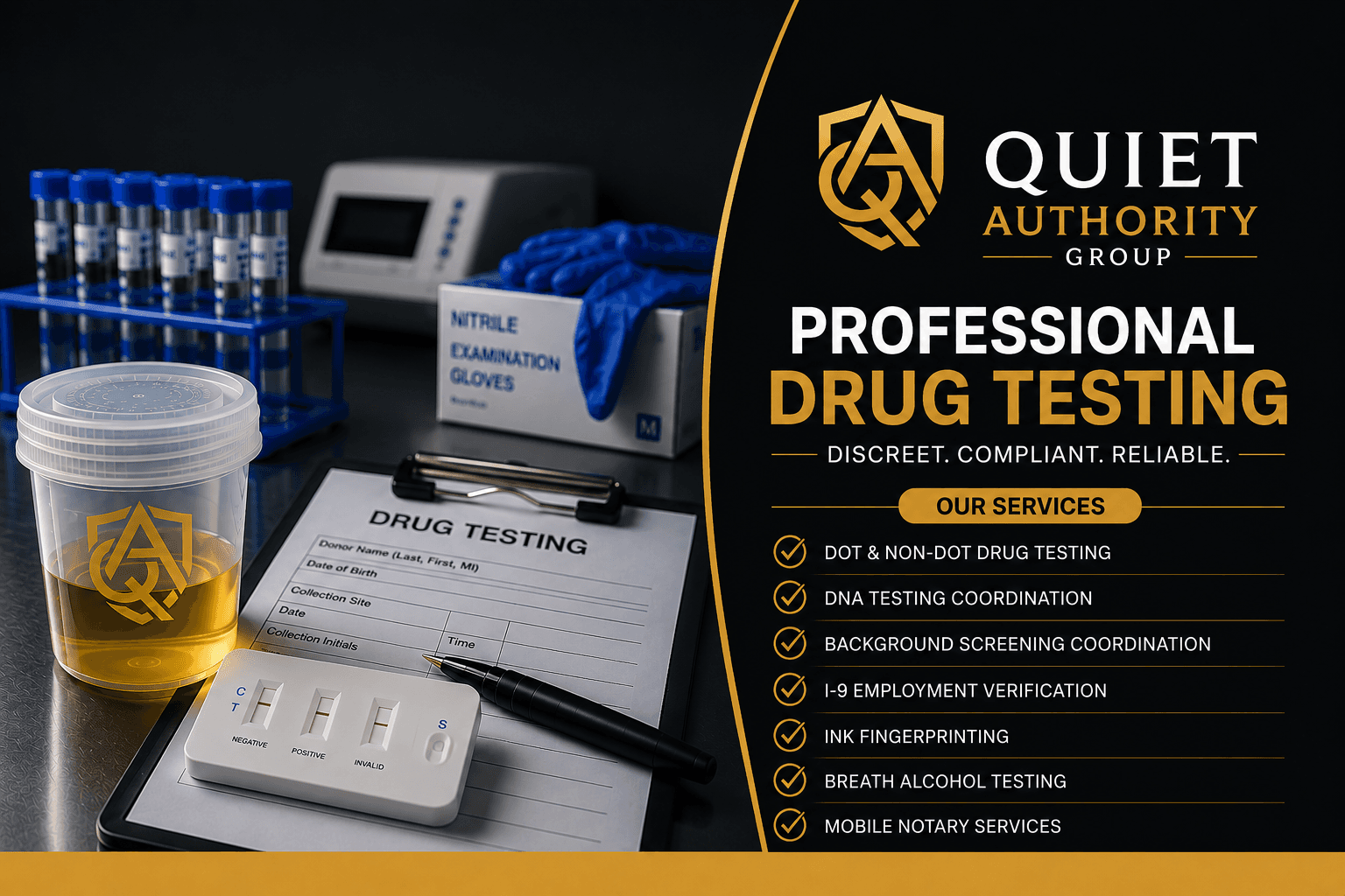 Quiet Authority Group professional drug testing services graphic with medical equipment and a service list.